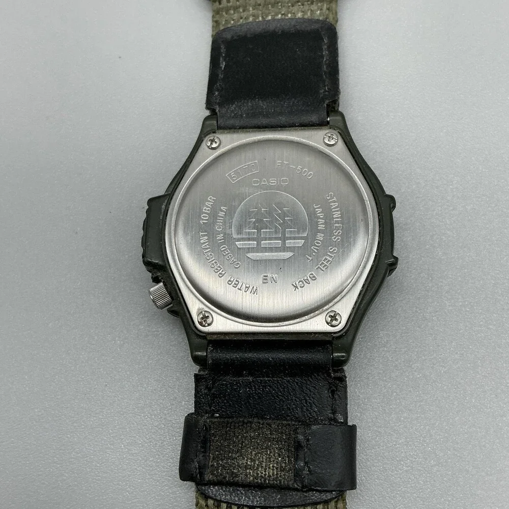 Vintage Casio Forester FT-500 Mens Watch 41mm Beige Dial Green Strap New Battery